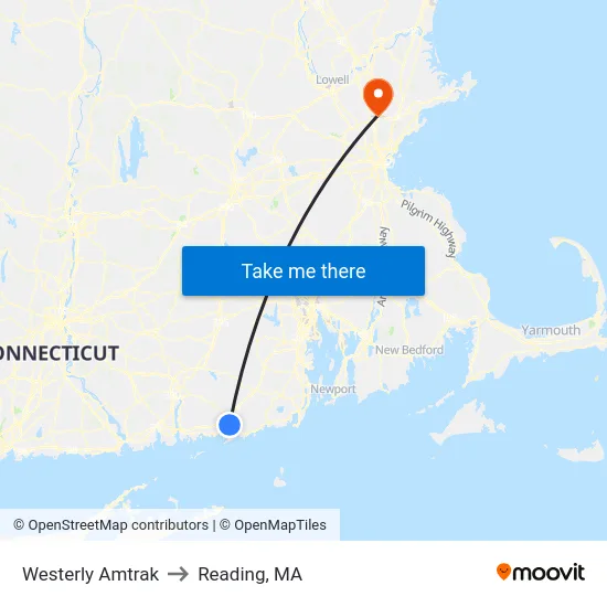 Westerly Amtrak to Reading, MA map