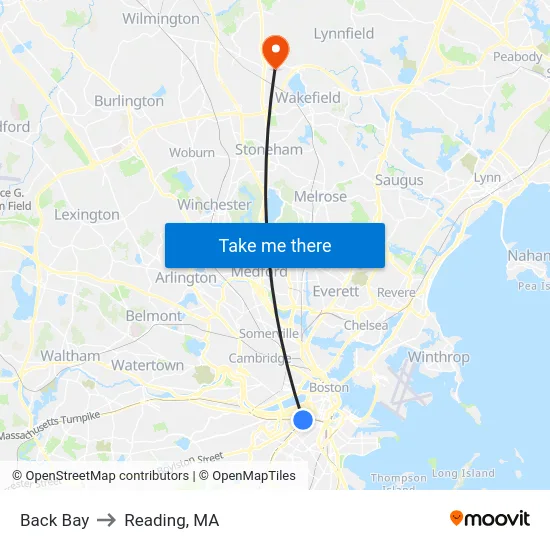 Back Bay to Reading, MA map