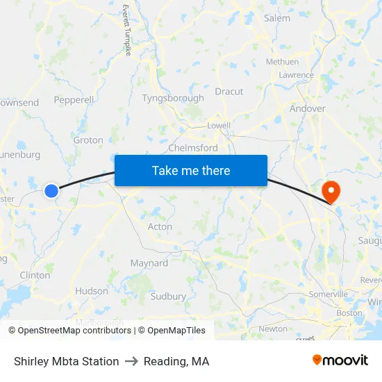 Shirley Mbta Station to Reading, MA map