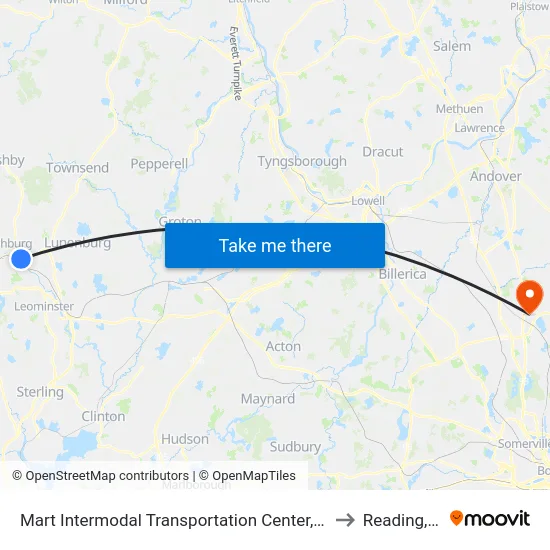 Mart Intermodal Transportation Center, Fitchburg to Reading, MA map
