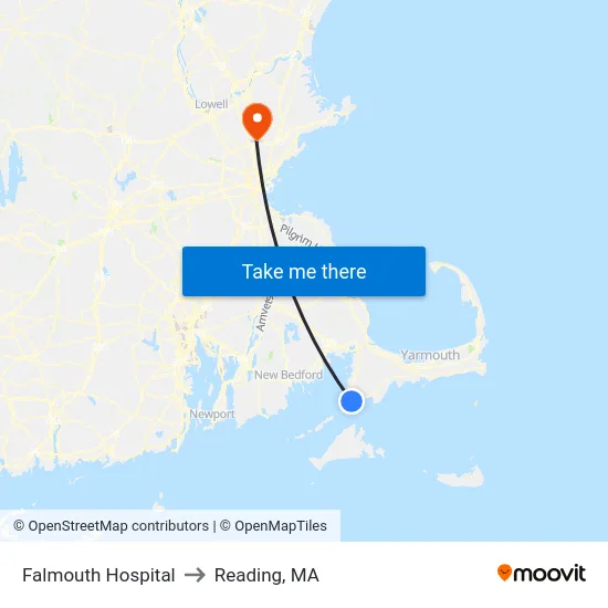 Falmouth Hospital to Reading, MA map