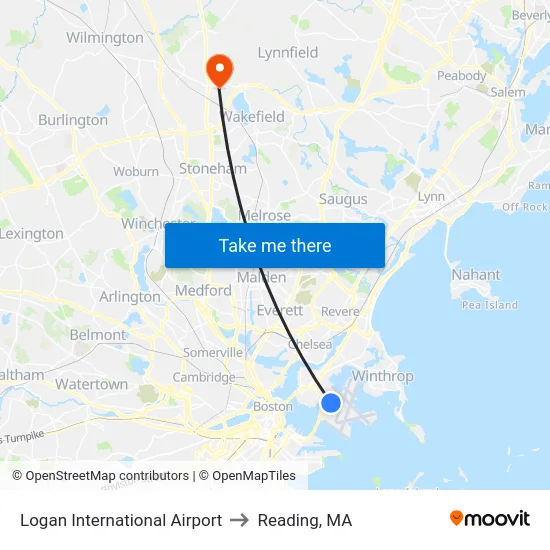 Logan International Airport to Reading, MA map