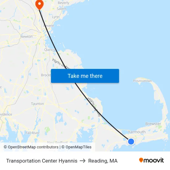 Transportation Center Hyannis to Reading, MA map