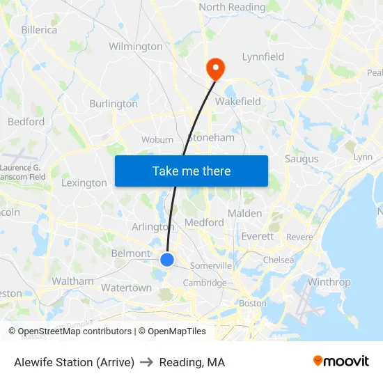 Alewife Station (Arrive) to Reading, MA map