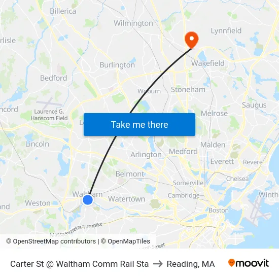 Carter St @ Waltham Comm Rail Sta to Reading, MA map