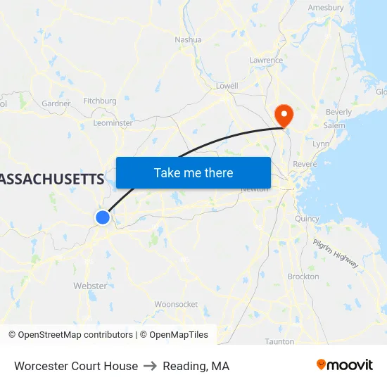 Worcester Court House to Reading, MA map