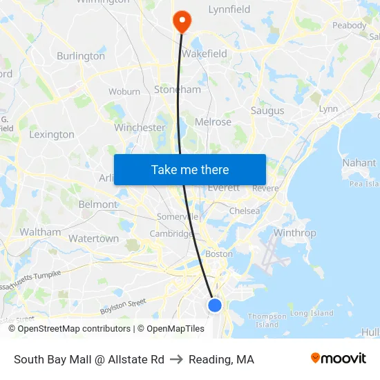 South Bay Mall @ Allstate Rd to Reading, MA map