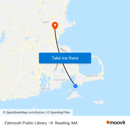 Falmouth Public Library to Reading, MA map