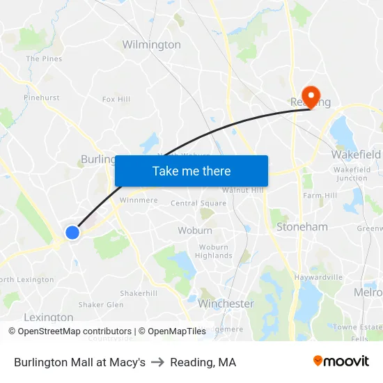 Burlington Mall at Macy's to Reading, MA map