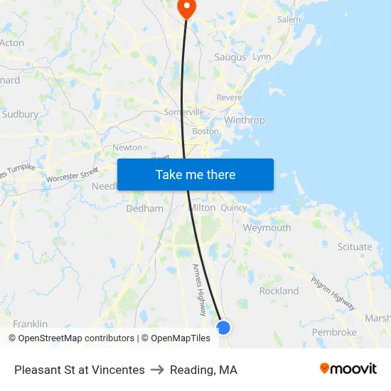 Pleasant St at Vincentes to Reading, MA map