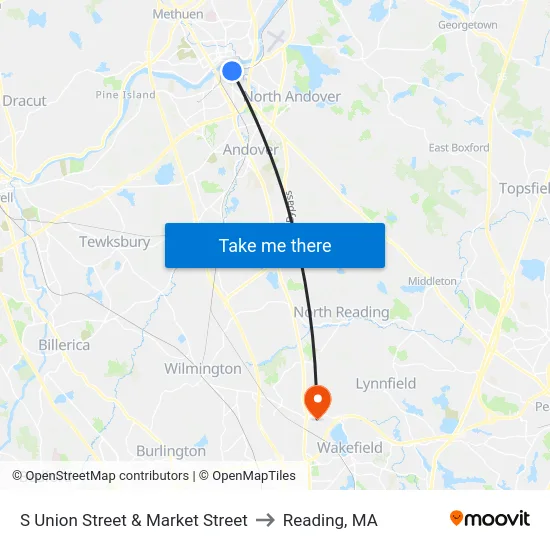 S Union Street & Market Street to Reading, MA map
