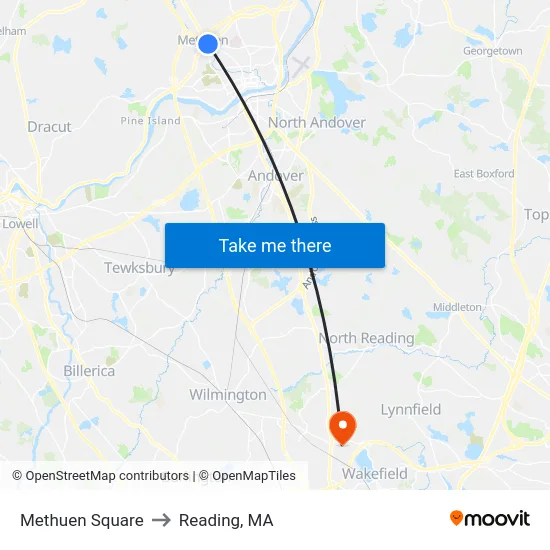 Methuen Square to Reading, MA map