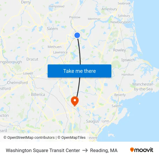 Washington Square Transit Center to Reading, MA map