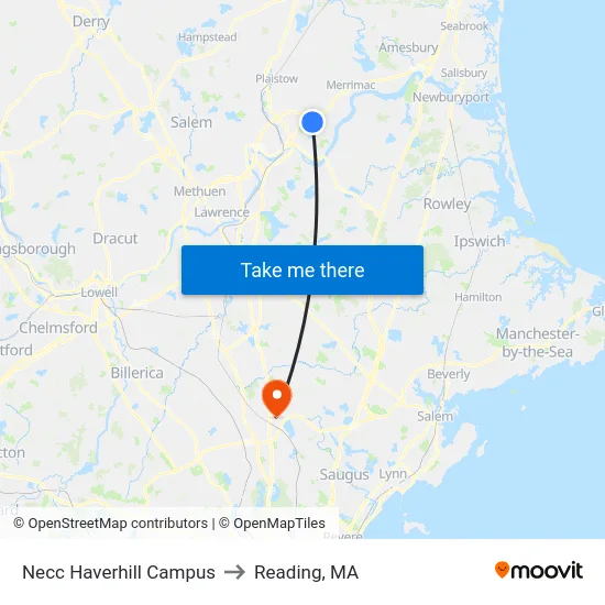 Necc Haverhill Campus to Reading, MA map