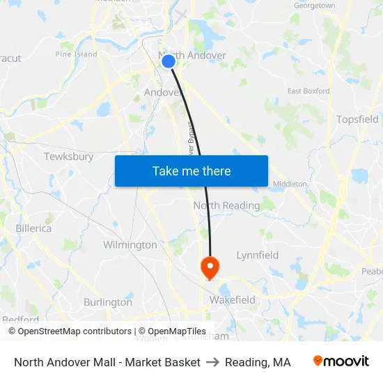 North Andover Mall - Market Basket to Reading, MA map