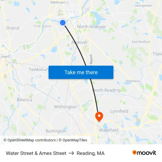 Water Street & Ames Street to Reading, MA map