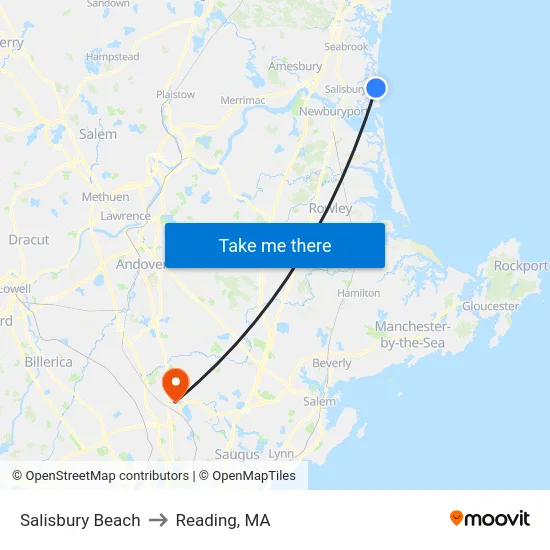 Salisbury Beach to Reading, MA map