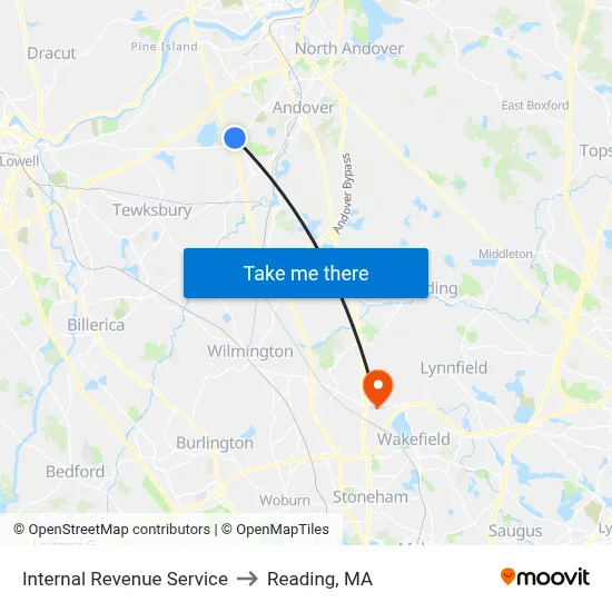 Internal Revenue Service to Reading, MA map