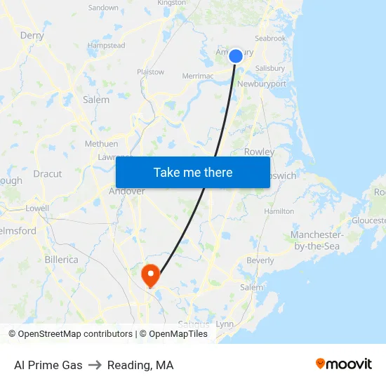 Al Prime Gas to Reading, MA map