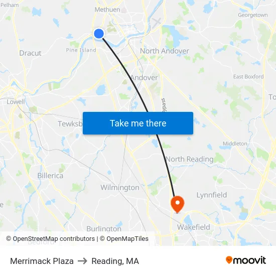 Merrimack Plaza to Reading, MA map