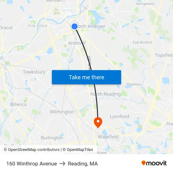 160 Winthrop Avenue to Reading, MA map