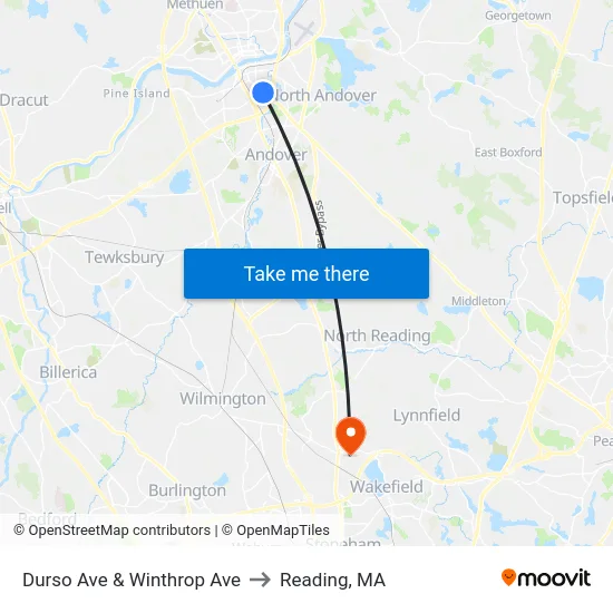 Durso Ave & Winthrop Ave to Reading, MA map