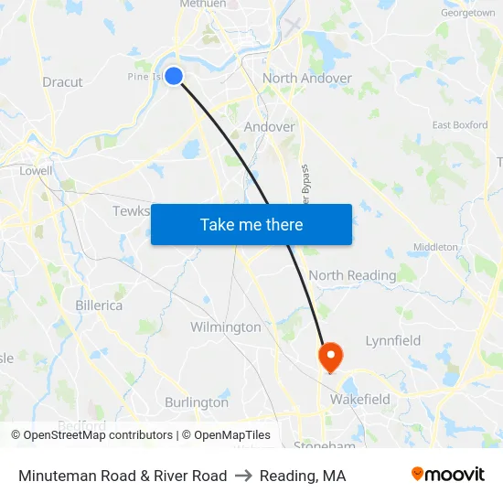 Minuteman Road & River Road to Reading, MA map