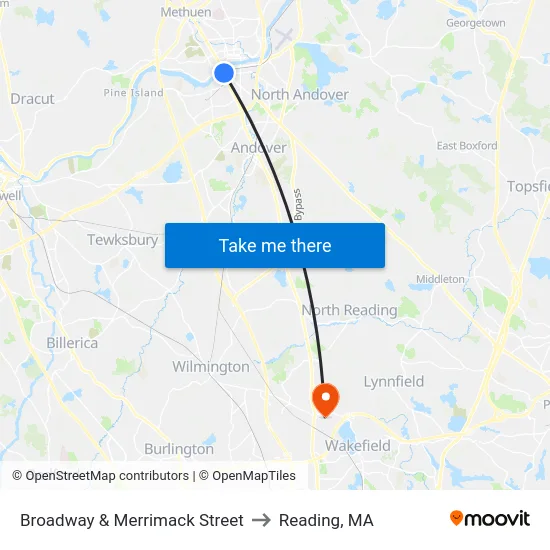 Broadway & Merrimack Street to Reading, MA map