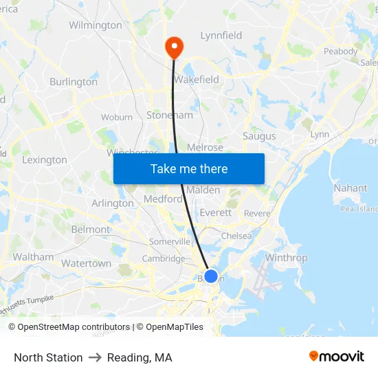 North Station to Reading, MA map