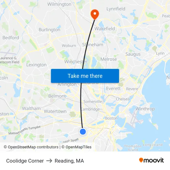 Coolidge Corner to Reading, MA map