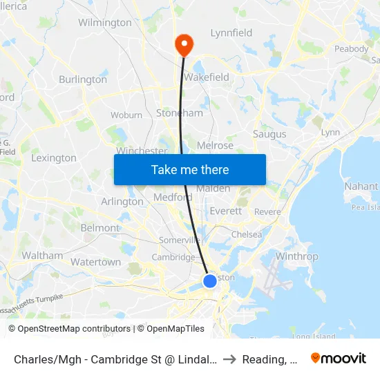 Charles/Mgh - Cambridge St @ Lindall Pl to Reading, MA map