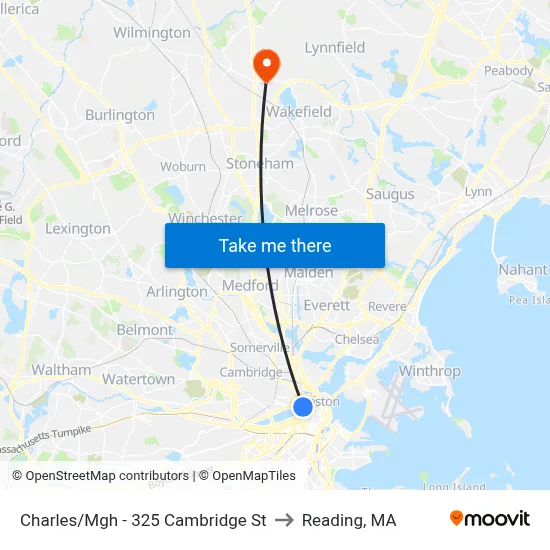 Charles/Mgh - 325 Cambridge St to Reading, MA map