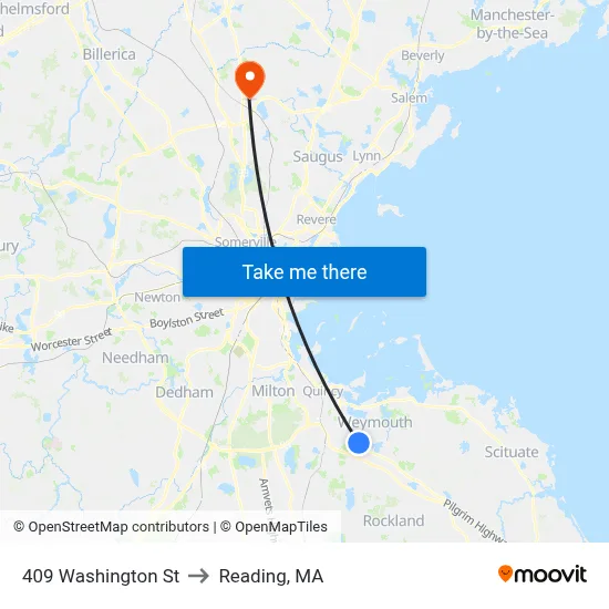 409 Washington St to Reading, MA map