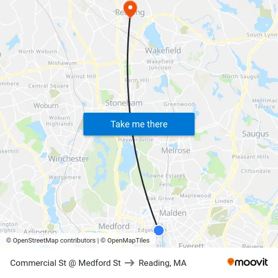 Commercial St @ Medford St to Reading, MA map
