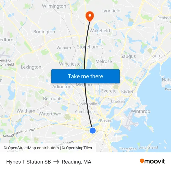 Hynes T Station SB to Reading, MA map