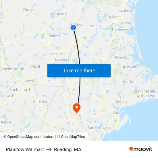 Plaistow Walmart to Reading, MA map