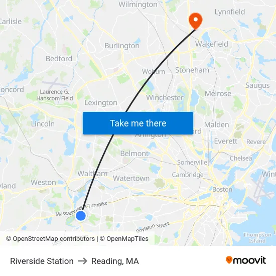 Riverside Station to Reading, MA map