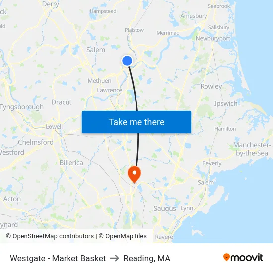 Westgate - Market Basket to Reading, MA map