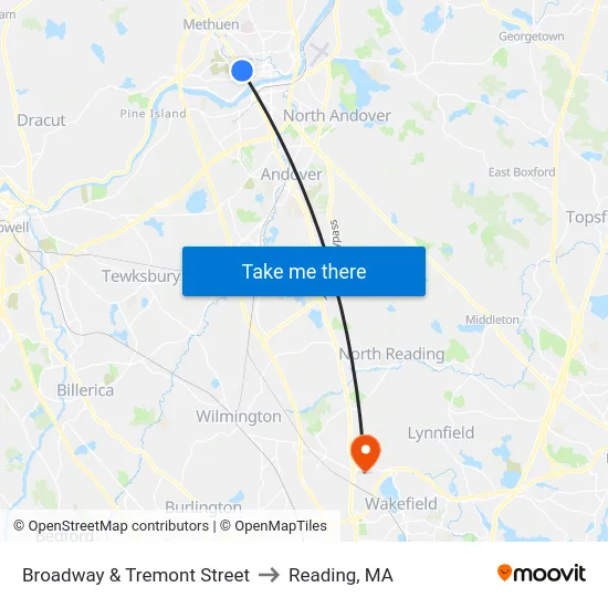 Broadway & Tremont Street to Reading, MA map