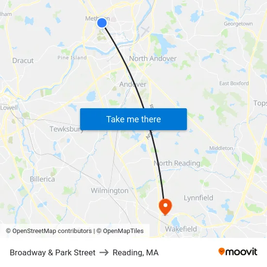 Broadway & Park Street to Reading, MA map