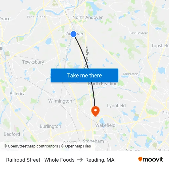 Railroad Street - Whole Foods to Reading, MA map