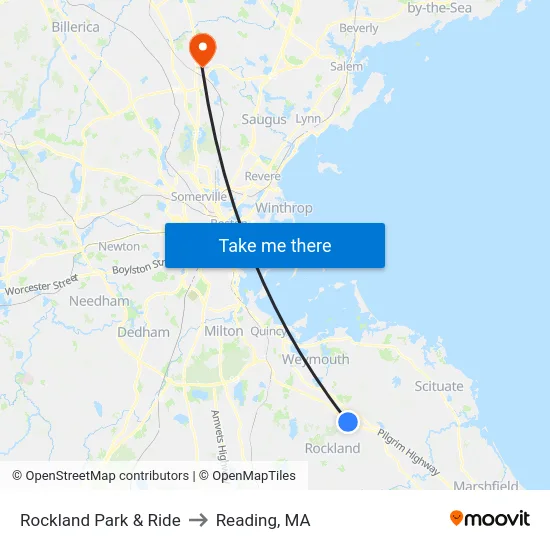 Rockland Park & Ride to Reading, MA map