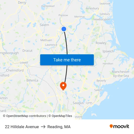 22 Hilldale Avenue to Reading, MA map