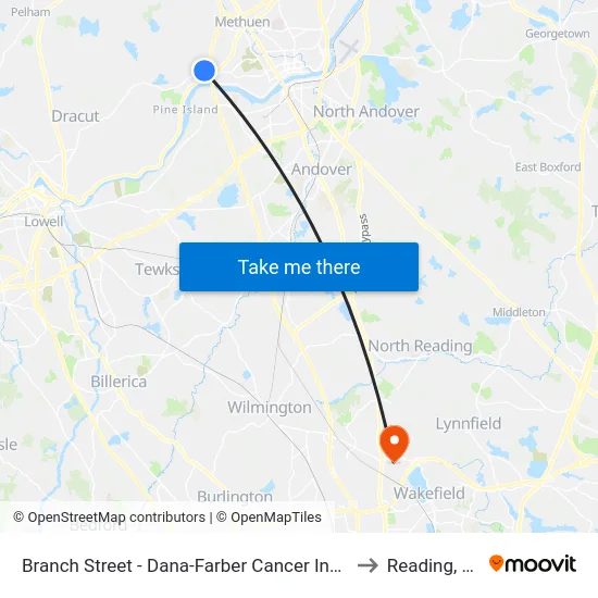 Branch Street - Dana-Farber Cancer Institute to Reading, MA map