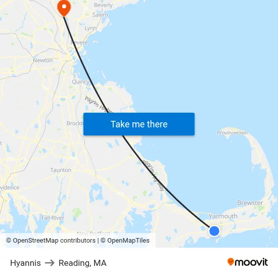 Hyannis to Reading, MA map