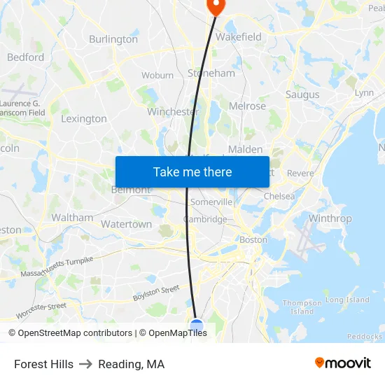 Forest Hills to Reading, MA map