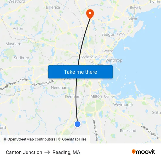 Canton Junction to Reading, MA map