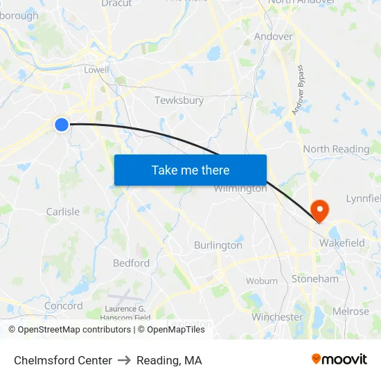 Chelmsford Center to Reading, MA map