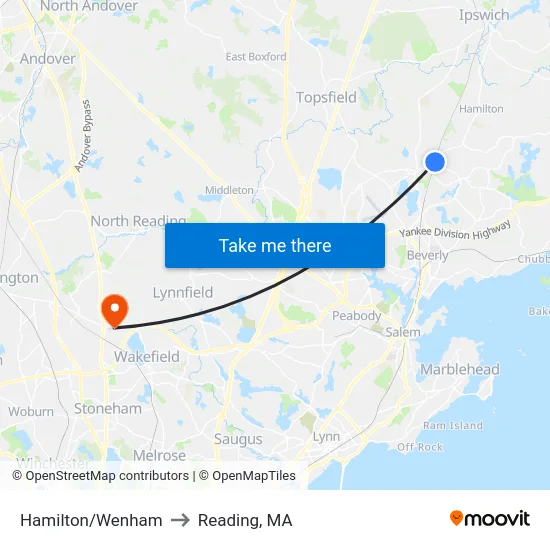 Hamilton/Wenham to Reading, MA map