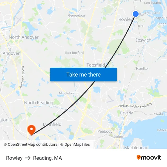 Rowley to Reading, MA map